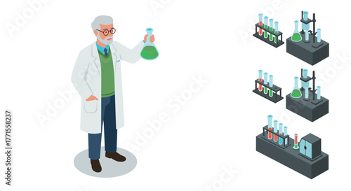Senior scientist conducting experiments with lab equipment in isometric style