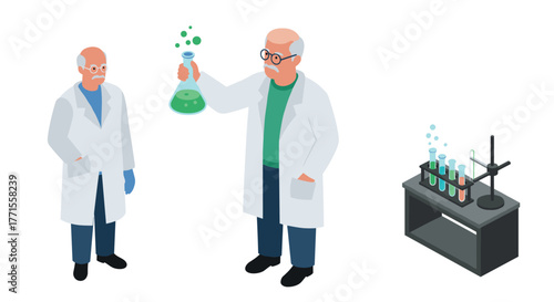 Isometric scientists conducting laboratory experiments with beakers and test tubes