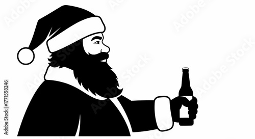 Black Silhouette Santa Beer Bottle Side-Profile Vector