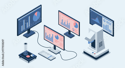 Isometric data analysis and research lab with monitors and microscope