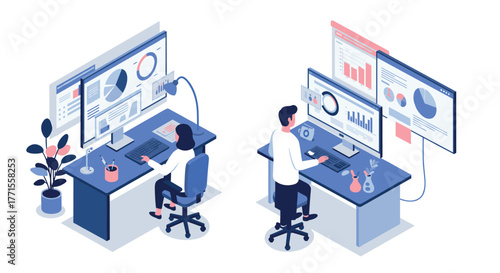 Isometric office workspace with professionals analyzing data on dual monitors