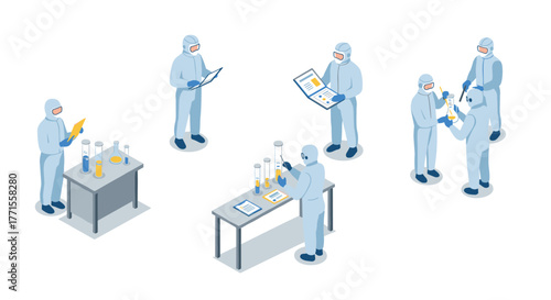 Scientists in protective suits conducting experiments in laboratory setting