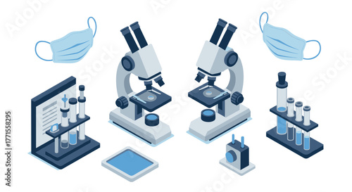 Laboratory equipment in isometric style featuring microscopes and test tubes
