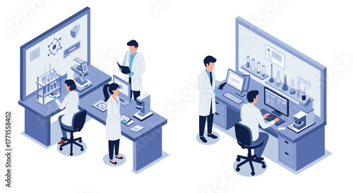 Isometric laboratory workspace with scientists conducting experiments and research