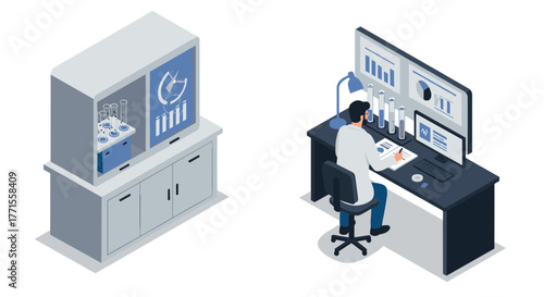 Laboratory research concept with scientist analyzing data on computer in isometric style
