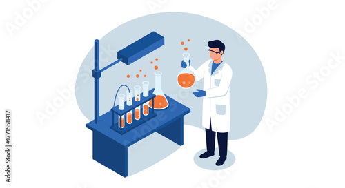 Scientist in lab conducting experiments with test tubes in isometric style