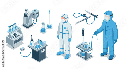 Isometric laboratory equipment and scientists in protective gear
