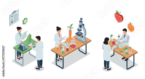Scientists conducting experiments in a laboratory setting with organic produce and advanced equipment