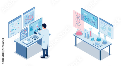 Isometric laboratory research: scientist analyzing dna and chemical data on multiple screens