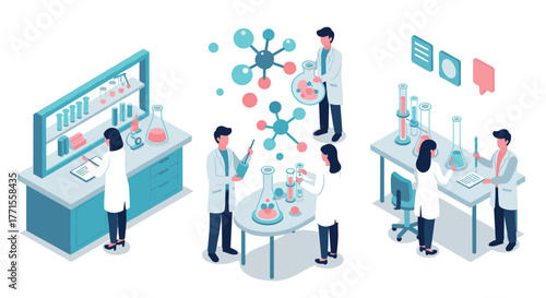 Scientists in laboratory conducting experiments in isometric style