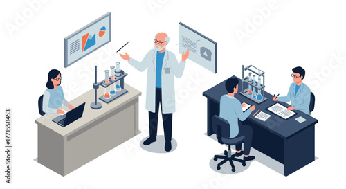 Isometric laboratory team working on scientific research with charts