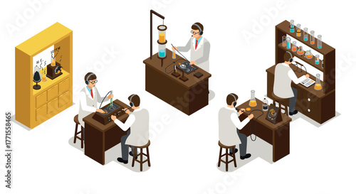 Scientists in a retro laboratory conducting experiments in isometric style