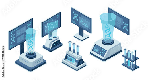 Advanced isometric laboratory equipment featuring dna analysis and digital screens