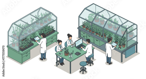 Isometric greenhouse lab: scientists analyzing plant growth and data on digital devices