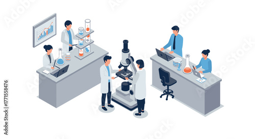 Scientists working in a modern laboratory with advanced equipment and data analysis