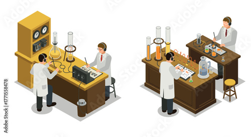 Isometric scientists conducting experiments in a laboratory setting