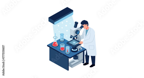 Scientist examining samples in modern laboratory with isometric microscope