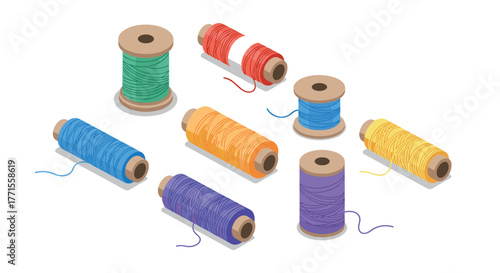 Colorful sewing threads on spools in isometric design