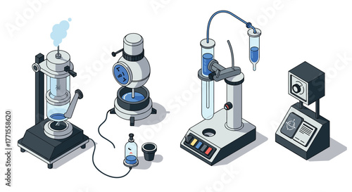 Isometric laboratory setup with modern equipment and blue liquid experiments
