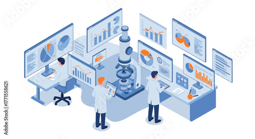 Isometric data analysis lab with researchers and digital charts in high-tech environment