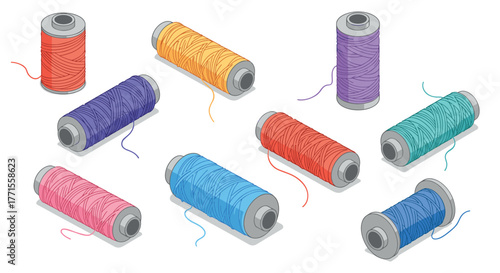Colorful spools of thread: vibrant sewing supplies in isometric style