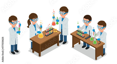 Isometric laboratory scene with scientists conducting experiments