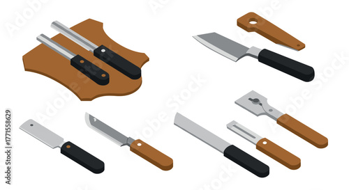 Isometric knife set with cutting board and handles in brown and black