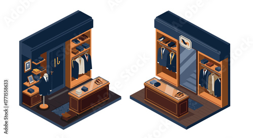 Isometric menswear boutique interior design with tailored suits and accessories