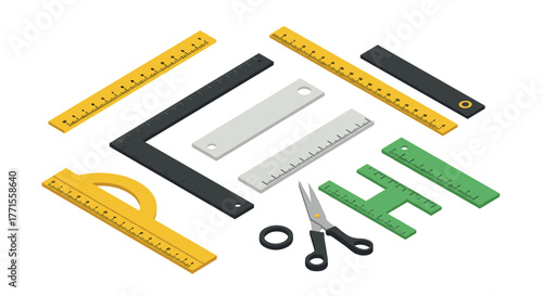 Isometric geometric tools set with rulers, protractor, compass, and scissors on white background