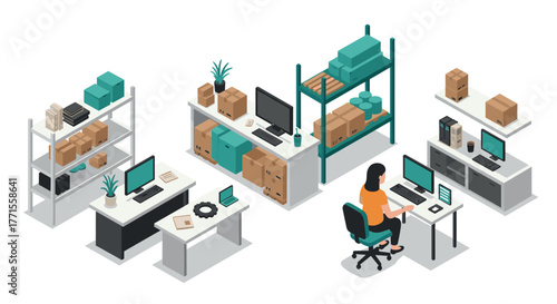 Isometric office storage and workspace with boxes and modern furniture
