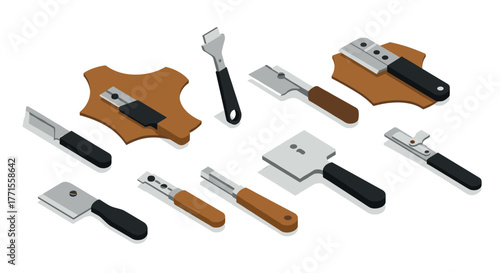 Isometric leather craft tools collection for diy projects