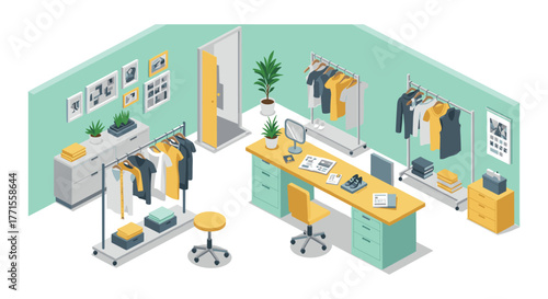 Modern clothing boutique office with stylish decor and organized workspace in isometric design