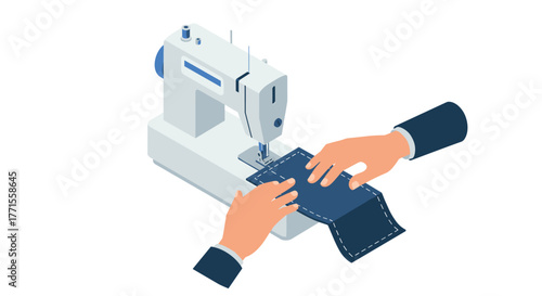 Crafting with precision: hands operating sewing machine in isometric style