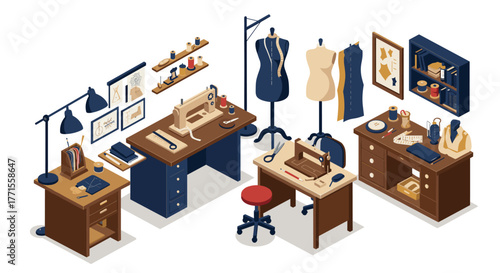 Isometric sewing studio with dress forms, sewing machine, and craft supplies