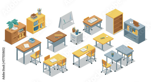 Isometric school classroom furniture set for modern educational spaces