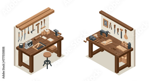 Isometric woodworking workbenches with tools and equipment