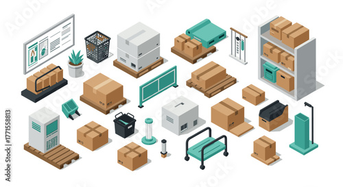 Warehouse logistics elements in isometric style with packaging supplies and equipment