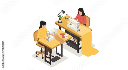 Seamstresses at work in a creative sewing workshop scene