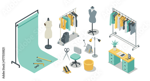 Fashion studio workspace with clothing racks, mannequins, and sewing equipment in isometric style