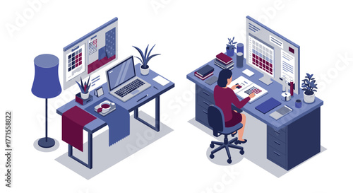 Efficient home office setup in isometric 3d for remote work productivity