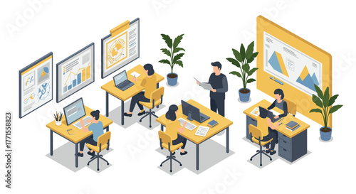 Wallpaper Mural Modern isometric office workspace with team collaboration and digital presentation Torontodigital.ca