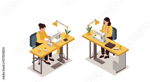 Isometric office scene with fashion designers and sewing machines