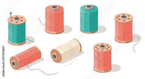 Isometric spools of colorful thread on white background