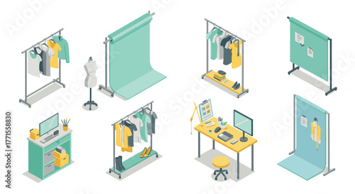 Fashion studio workspace with clothing racks and design setup in isometric style