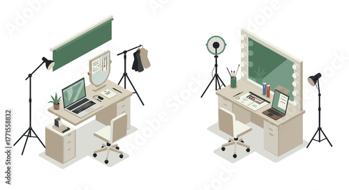 Isometric home office and makeup room interior designs with lighting equipment