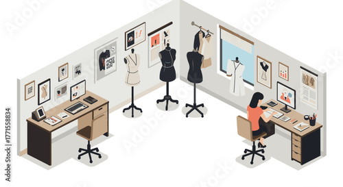 Fashion design workspace with sewing mannequins and creative setup