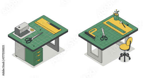 Isometric sewing tables with craft supplies and tools in a creative workspace