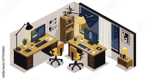 Cozy nighttime home office with isometric furniture and starry view