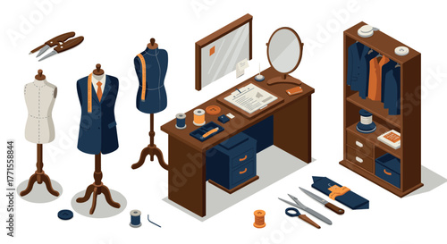 Elegant tailoring studio with mannequins and sewing tools in isometric style