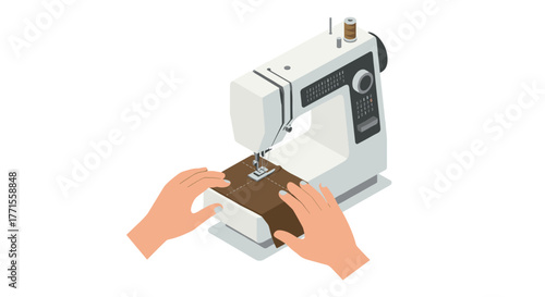 Sewing machine in action with hands crafting fabric in isometric view
